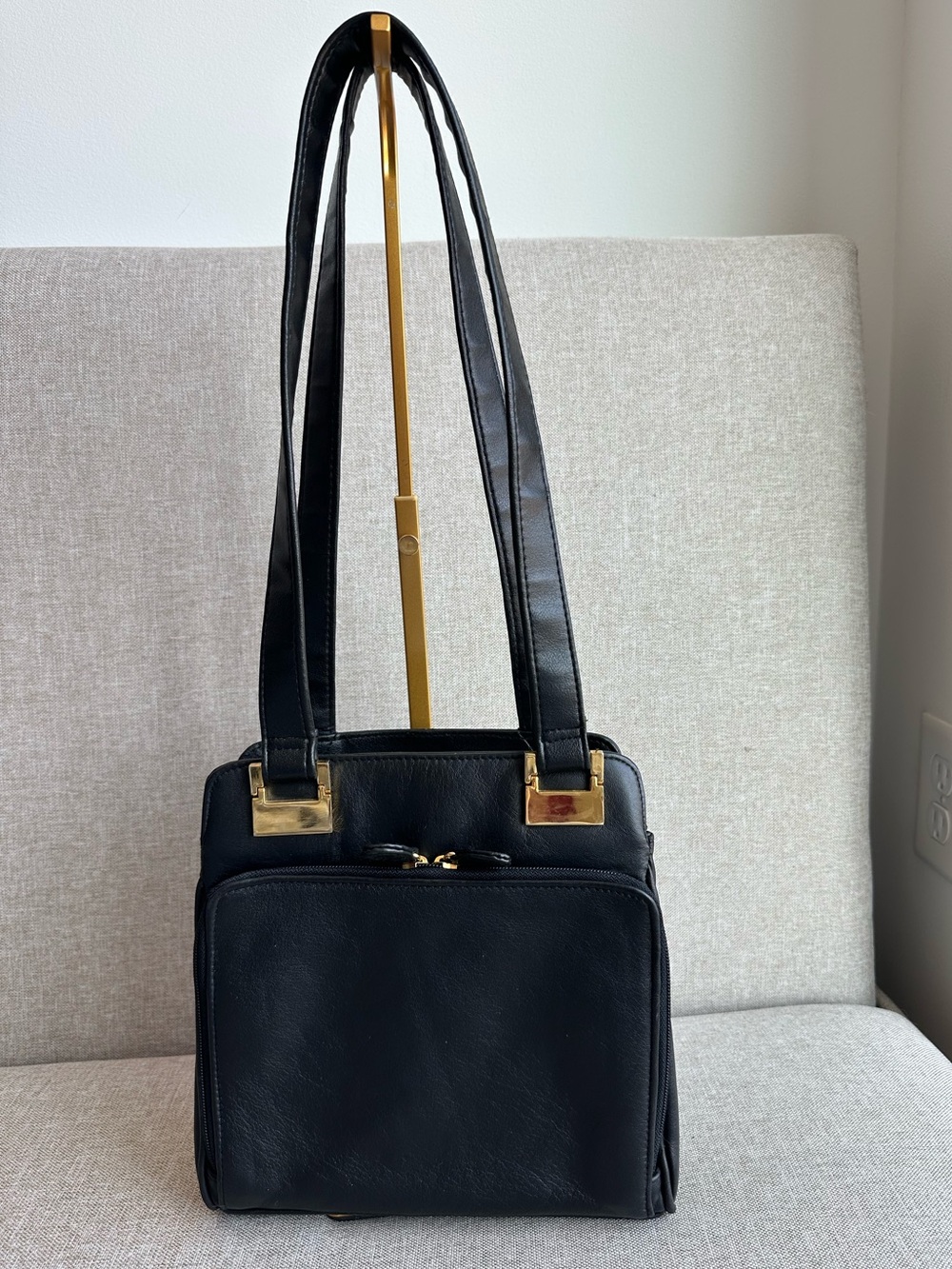 Vintage Coletta Black Leather Handbag with Gold Accents